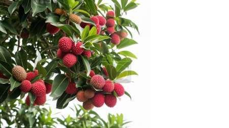 A lush tree branch heavily laden with vibrant red lychee fruits, interspersed with green leaves, set against a clear white background.
