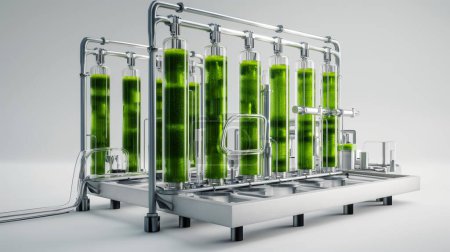 Modern laboratory setup featuring cylindrical bioreactors cultivating green algae, showcasing advanced bioengineering and sustainable biotechnology.
