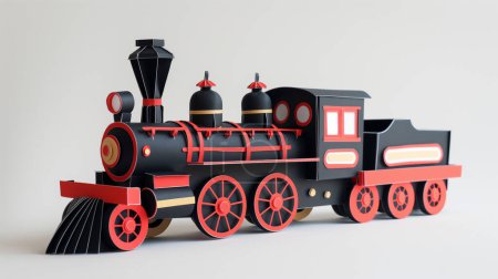 Ein hochdetailliertes, handgearbeitetes Modell einer Oldtimer-Eisenbahn in schwarz und rot, mit aufwändigen Designelementen vor einem weichen grauen Hintergrund.