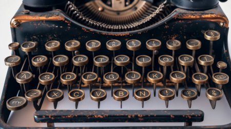 Nahaufnahme der runden, goldenen Schlüssel einer antiken Schreibmaschine, abgenutzt und angelaufen, die das klassische QWERTY-Layout auf einem schwarzen Korpus mit orangefarbenen Rostakzenten zeigen.
