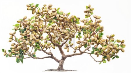 Illustration eines dicht fruchtbaren Pistazienbaums, Äste beladen mit Trauben reifer, offener Pistazien, vor einem stark weißen Hintergrund.