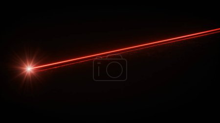 A striking laser beam cuts across a dark background, emitting a radiant glow and sharp light rays.
