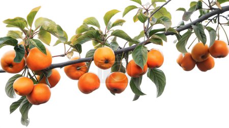 Branch of a persimmon tree heavily laden with ripe, orange persimmons, highlighted against a white background with lush green leaves.