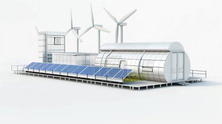 Photo for Model of a sustainable energy facility with solar panels, wind turbines, and a modern building on a white background. - Royalty Free Image