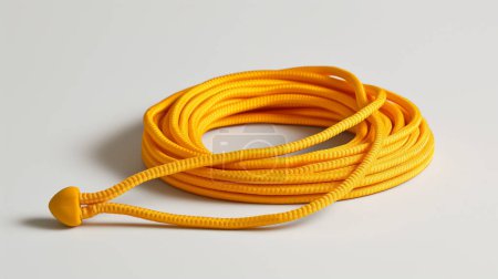 A coiled bright yellow rope with a textured surface and a molded plastic end, set against a plain white background.
