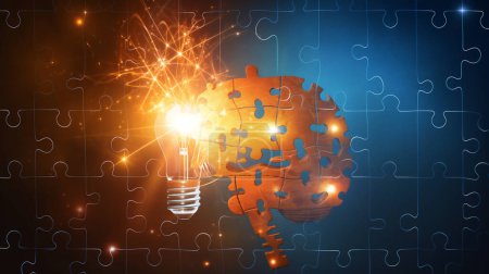 Konzeptbild einer glühenden Glühbirne, die mit einem Puzzle verschmilzt, das wie ein menschliches Gehirn geformt ist, vor einem dynamischen orange-blauen Hintergrund mit Funken.
