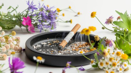 A stark composition showing a lit cigarette in a black ashtray contrasted with vibrant wildflowers surrounding it, illustrating a juxtaposition of pollution and nature.
