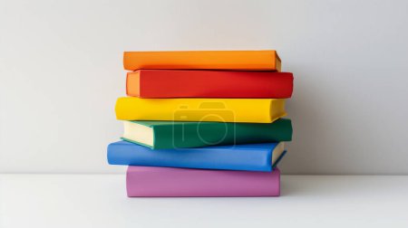 Ein Stapel bunter Bücher mit leuchtenden Einbänden in orange, rot, gelb, grün, blau und lila, sauber vor weißem Hintergrund angeordnet.