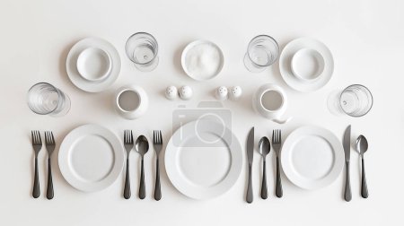 Elegantly arranged white dinnerware set including plates, cups, bowls, and utensils on a white background, emphasizing simplicity and neatness in table setting.