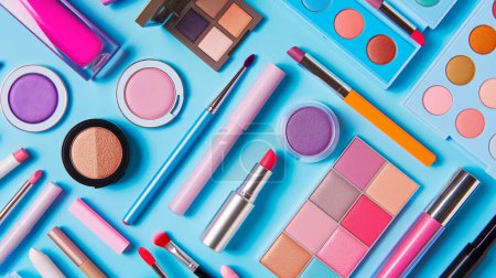 Array lebendiger Kosmetikprodukte wie Lippenstifte, Lidschatten und Pinsel, künstlerisch arrangiert auf leuchtend blauem Hintergrund, die Schönheit und Farbenvielfalt präsentieren.