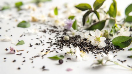 Scattered tea leaves and delicate white flowers against a stark white background, symbolizing purity and freshness.