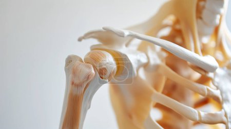 Un modelo anatómico detallado de una articulación del hombro humano, destacando músculos, huesos y tendones en un contexto educativo.