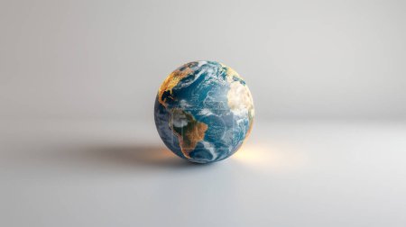 Ein realistisches 3D-Modell der Erde, schön beleuchtet, mit Fokus auf Kontinente mit markanten Details und natürlichen Farben.