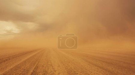Riesige Wüste, umgeben von einem gewaltigen, wirbelnden Sandsturm unter einem dramatischen orangefarbenen Himmel.