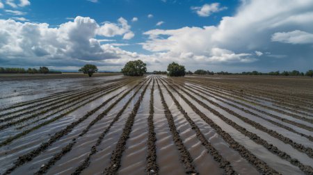 Freshly plowed agricultural field flooded with water under a dramatic sky, creating reflective furrows and a striking rural landscape.