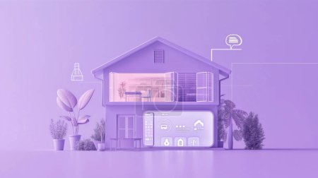 Futuristic purple-themed illustration of a smart home showcasing transparent walls and integrated technology for a seamless living experience.