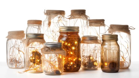Colección de frascos de vidrio llenos de brillantes luces de hadas y acentos de cordel rústico, lanzando un cálido y acogedor brillo.