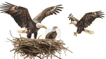 Águilas calvas interactuando en su nido, con una en vuelo acercándose, mostrando la majestuosidad y la dinámica de la vida silvestre.