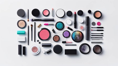 Arranged collection of various cosmetics products, featuring vibrant eyeshadows, lipsticks, and makeup tools neatly displayed on a white background.