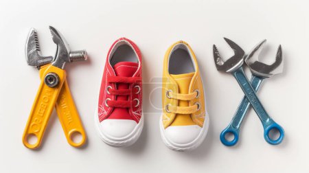 Une paire de chaussures en toile rouge et jaune flanquée de clés colorées sur fond blanc, mettant en valeur une juxtaposition ludique de chaussures et d'outils.