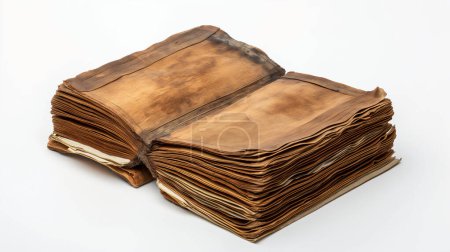 An ancient, thick book with heavily worn, yellowed pages, open on a plain white background, showcasing its timeworn texture and enduring presence.