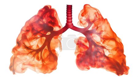A detailed illustration of human lungs with a vibrant, semi-transparent appearance. The intricate network of bronchi and alveoli is visible, highlighting the complexity of the respiratory system. The lungs are depicted in shades of red and orange.