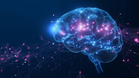 Una representación digital de un cerebro compuesto de brillantes luces azules y rosadas y código binario, situado sobre un fondo oscuro. Las conexiones de red neuronal y los puntos de datos son visibles, simbolizando la inteligencia artificial y la tecnología.