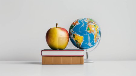 Una manzana que descansa sobre una pila de libros al lado de un globo colorido, sobre un fondo blanco. Este arreglo simboliza la educación, el conocimiento y el aprendizaje global.