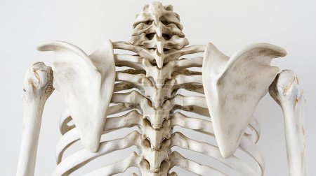 Gros plan du haut du dos et des épaules d'un squelette humain, montrant les détails complexes de la colonne vertébrale, des scapulaires et des côtes. Les os sont légèrement altérés, présentant une perspective réaliste et éducative.