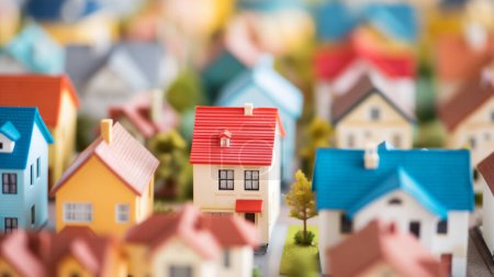Eine Nahaufnahme einer Miniatur-Nachbarschaft mit bunten Spielzeughäusern, die sich auf ein kleines cremefarbenes Haus mit rotem Dach und Fenstern konzentriert. Die Szene fängt eine verspielte und skurrile Darstellung einer Vorstadt ein.