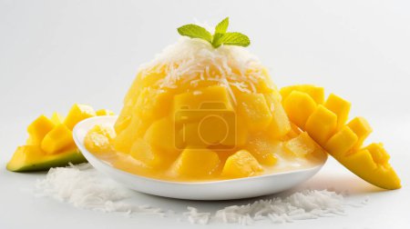 Mango bingsu topped with shredded coconut and mint, surrounded by fresh mango slices, served in a white bowl.