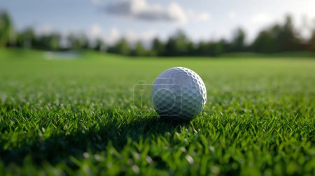 A close-up of a golf ball resting on a manicured green golf course under a clear sky with blurred trees in the background.