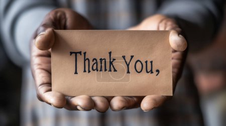 Eine Person hält eine braune Karte mit einem in schwarzen Lettern geschriebenen "Danke" in der Hand und drückt damit ihre Dankbarkeit aus.