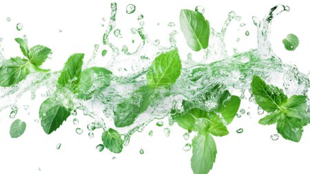 Fresh green mint leaves splashing through clear water, creating a vibrant and refreshing scene.