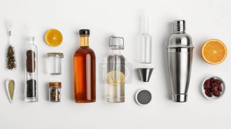 Foto de Un conjunto ordenado de ingredientes y herramientas de cóctel, incluyendo botellas, especias, frutas y una coctelera, sobre un fondo blanco. - Imagen libre de derechos