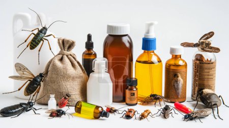 Varias botellas y recipientes con insectos arrastrándose sobre y alrededor de ellos, que representan productos de control de plagas.