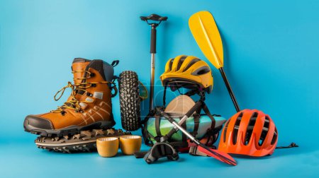Collection of outdoor adventure gear including hiking boots, helmets, kayak paddle, and camping equipment.