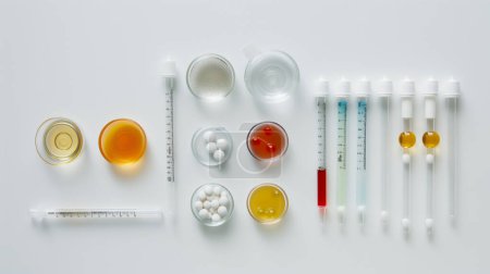Various laboratory glassware, syringes, and liquids arranged neatly on a white surface.