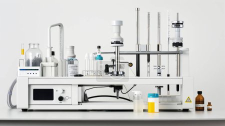 Moderne Laborausstattung mit verschiedenen wissenschaftlichen Instrumenten und Flaschen auf einer weißen Oberfläche.