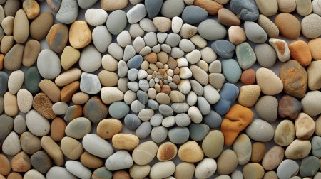 Smooth, multicolored pebbles arranged in a spiral pattern, creating a visually pleasing mosaic effect.