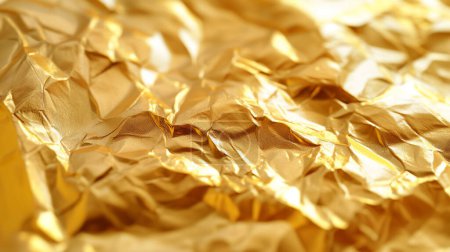 Crinkled, shiny gold foil with intricate textures reflecting light, creating a luxurious and metallic surface.