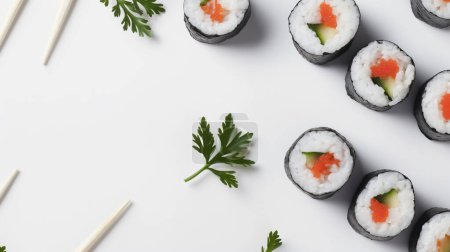 Sushi rolls with salmon and cucumber, garnished with parsley, arranged on a white background with chopsticks.