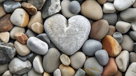 Foto de Piedra en forma de corazón enclavada entre guijarros suaves y multicolores, creando una exhibición natural y sentimental. - Imagen libre de derechos