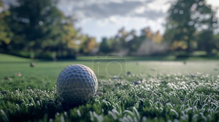 Primer plano de una pelota de golf descansando sobre una exuberante hierba verde con un fondo borroso de árboles y un cielo soleado.