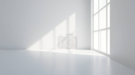 Chambre vide minimaliste avec lumière du soleil coulant à travers de grandes fenêtres, projetant des ombres douces sur les murs blancs et le sol.