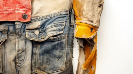 Großaufnahme von abgenutzter und verschmutzter Arbeitskleidung mit verblasster blauer Jeans, roter Jacke und gelbem Ärmel, die starken Gebrauch zeigt.