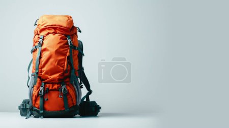 Mochila de senderismo naranja con múltiples compartimentos y correas, diseñada para aventuras al aire libre y viajes.