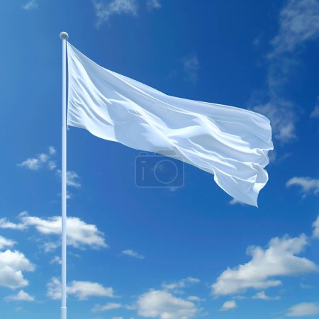 White flag waving against a bright blue sky with scattered clouds, symbolizing peace or surrender.
