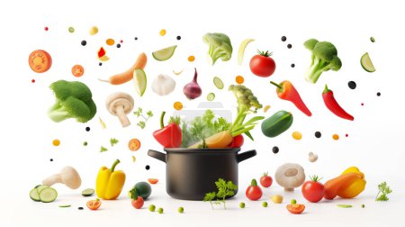 Assorted vegetables including broccoli, tomatoes, peppers, and mushrooms, floating above a black pot on a white background.