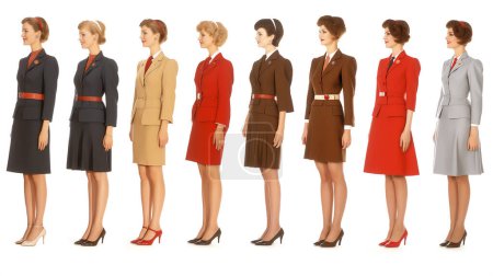 Huit femmes en uniformes de compagnie vintage, chacune dans différentes couleurs, y compris marine, beige, rouge, brun et bleu clair, debout de profil.